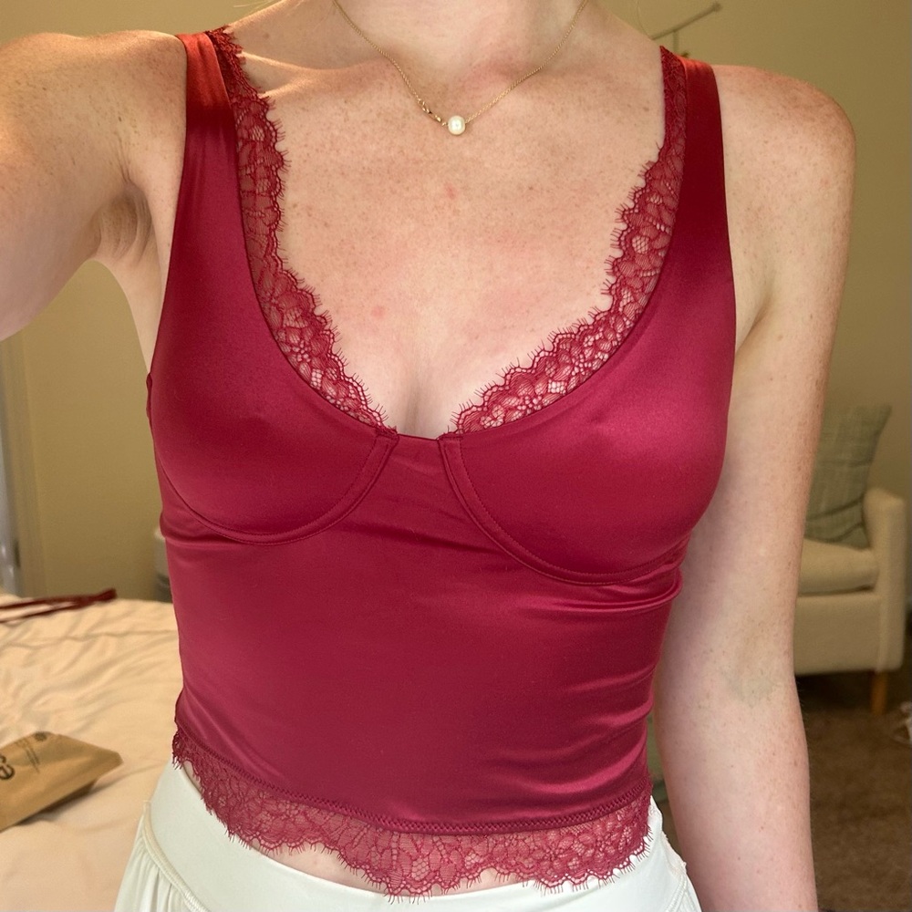 aerie Lace-Trim Satin Crop Tank Top in Deep Red